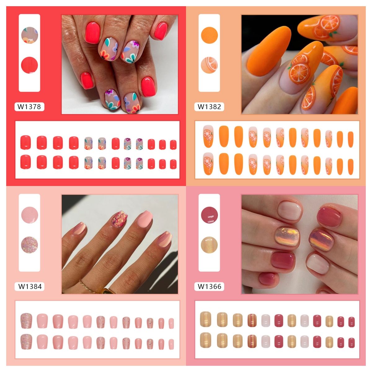 Ms.Miemie 24pcs Fake Nails Reusable Stick On Nails Press on Full Cover False Nail Tips with Jelly Stickers Makeup Accessorise