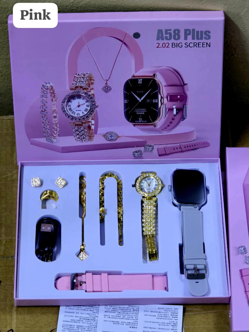 💞 *A58 plus LADIES 7 IN 1 GIFT SET* 💞



♤Unisex Smartwatch
♤2 Interchangeable Straps
♧Ladies Gold Watch
♧ A necklace
♧A bracelet
♧A ring
♧A pair of earrings

_Available
