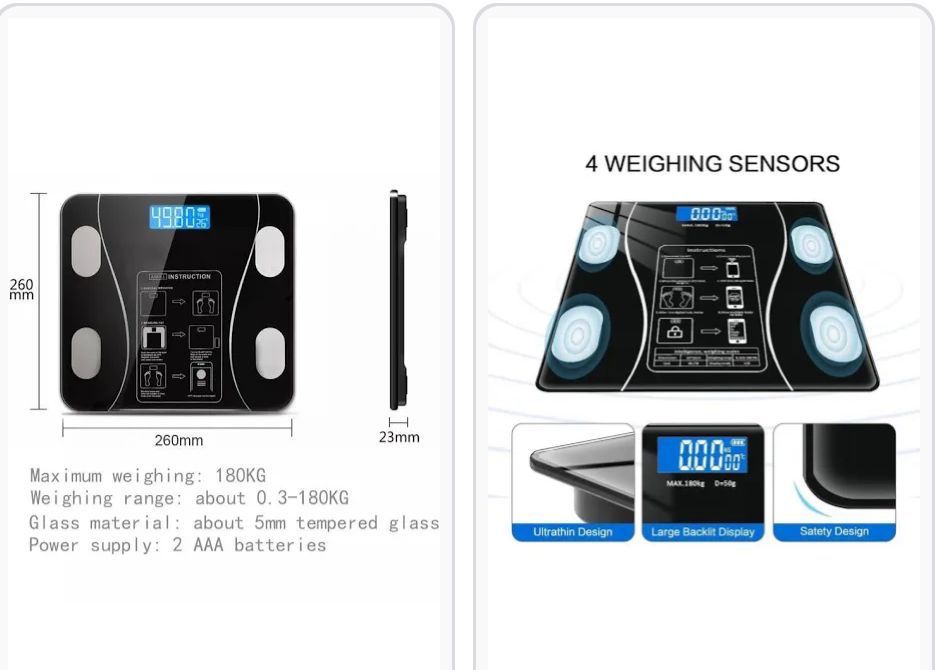 BMI Scale .Weight, BMI, Body Fat Percentage, Body Water Percentage, Visceral Fat, Body Age, Muscle Mass, Bone Mass, Protein, Fat-Free Body Weight, Obesity Levels, and Basal Metabolism are all factors