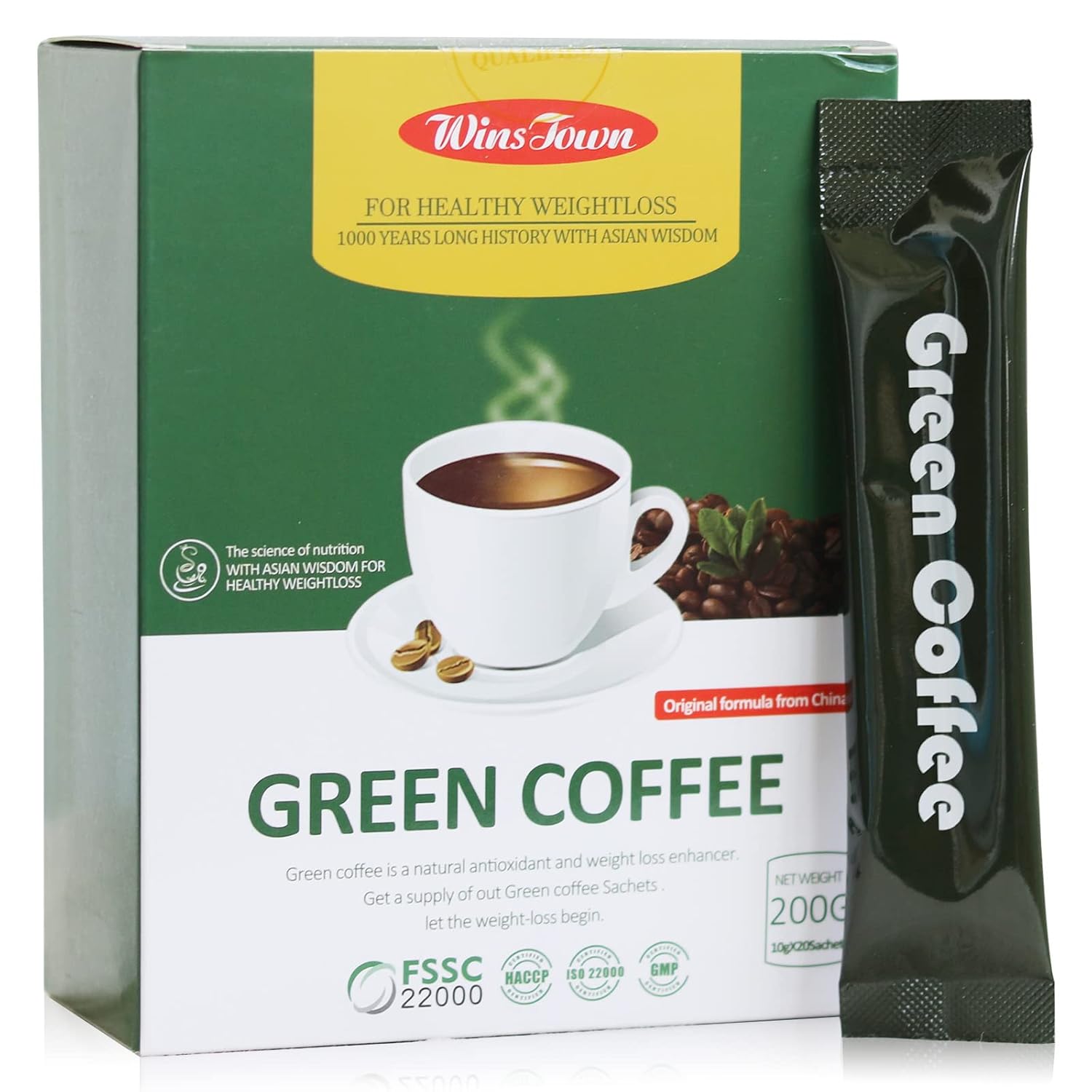 Wins Town Slimming Green Coffee, 200g Natural Diet Supplement for Healthy Weight loss, 20 Sachets