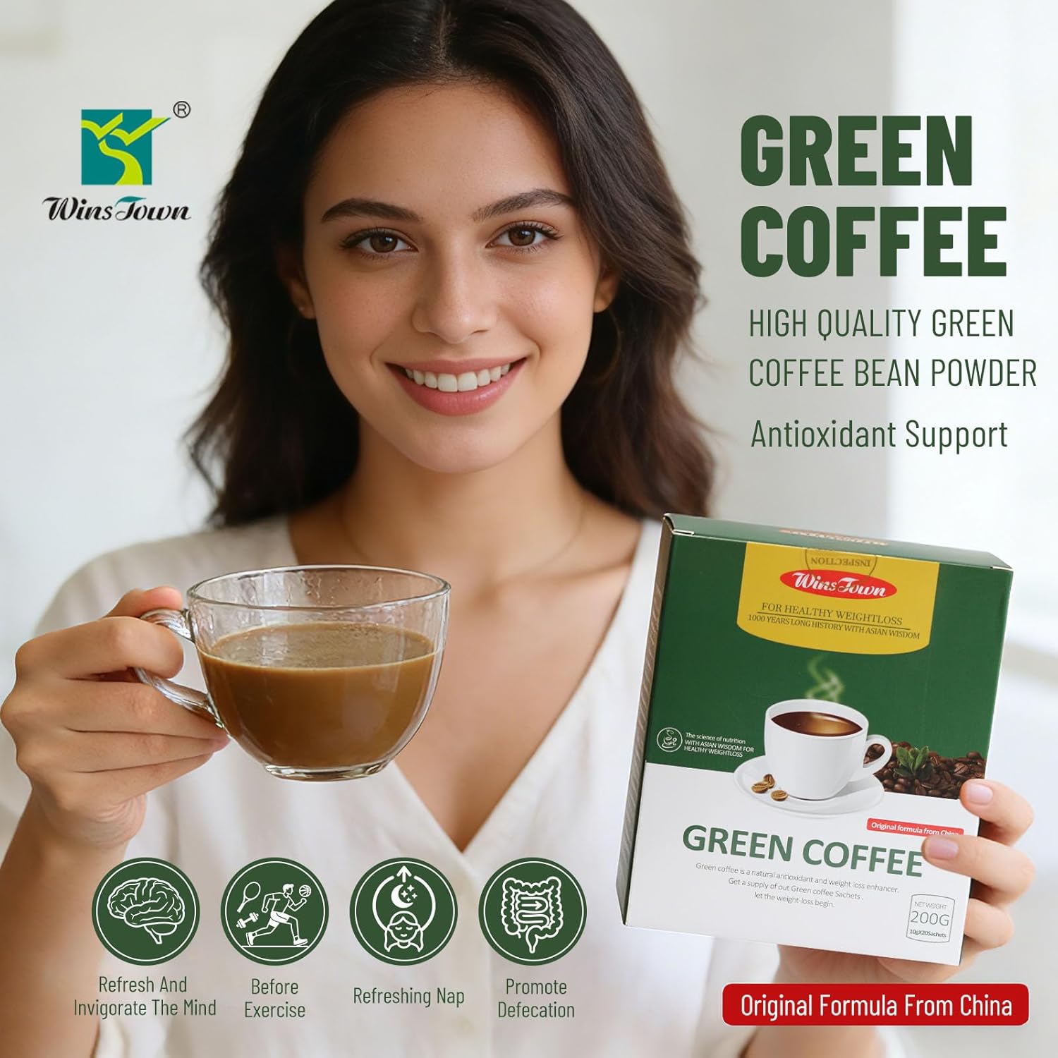Wins Town Slimming Green Coffee, 200g Natural Diet Supplement for Healthy Weight loss, 20 Sachets