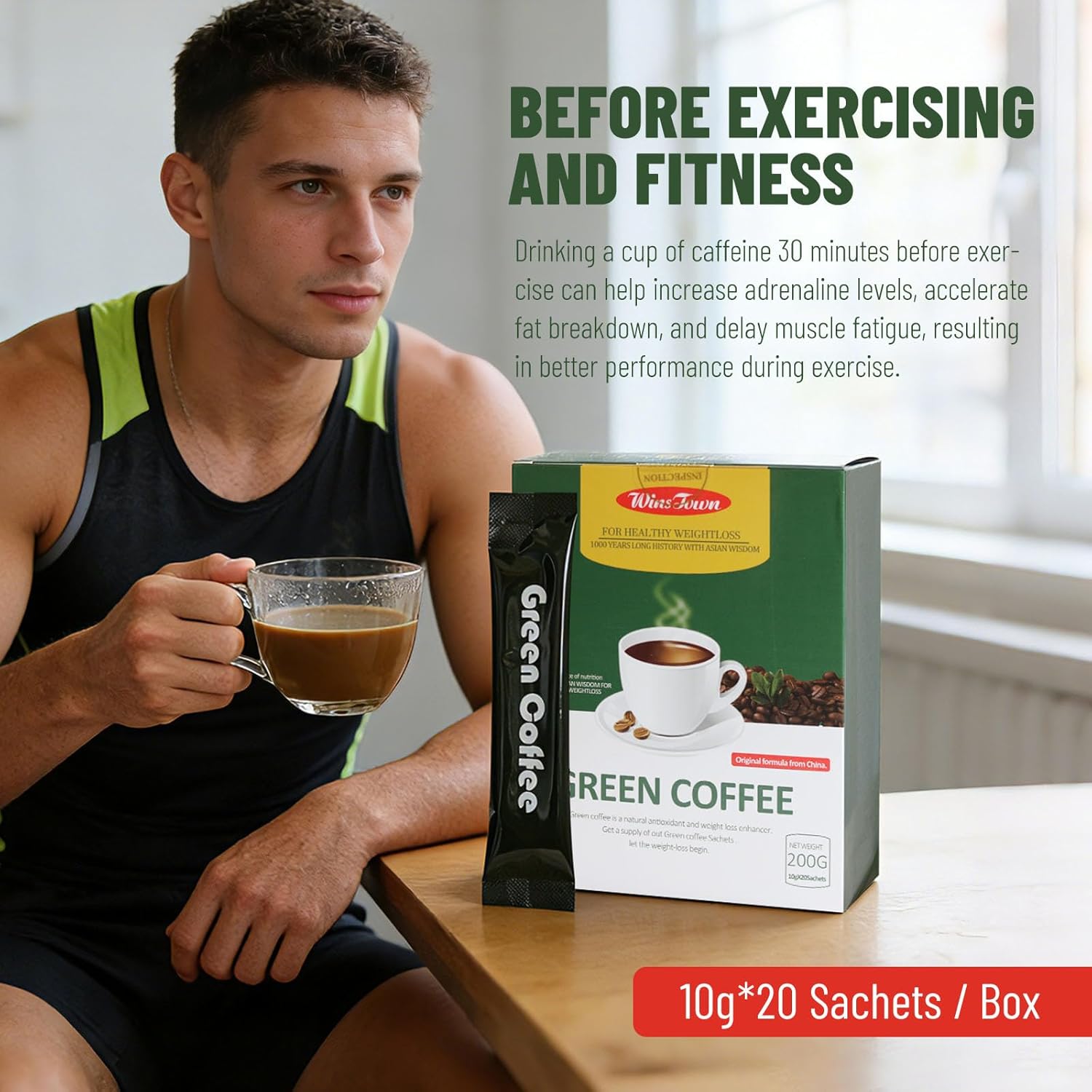 Wins Town Slimming Green Coffee, 200g Natural Diet Supplement for Healthy Weight loss, 20 Sachets