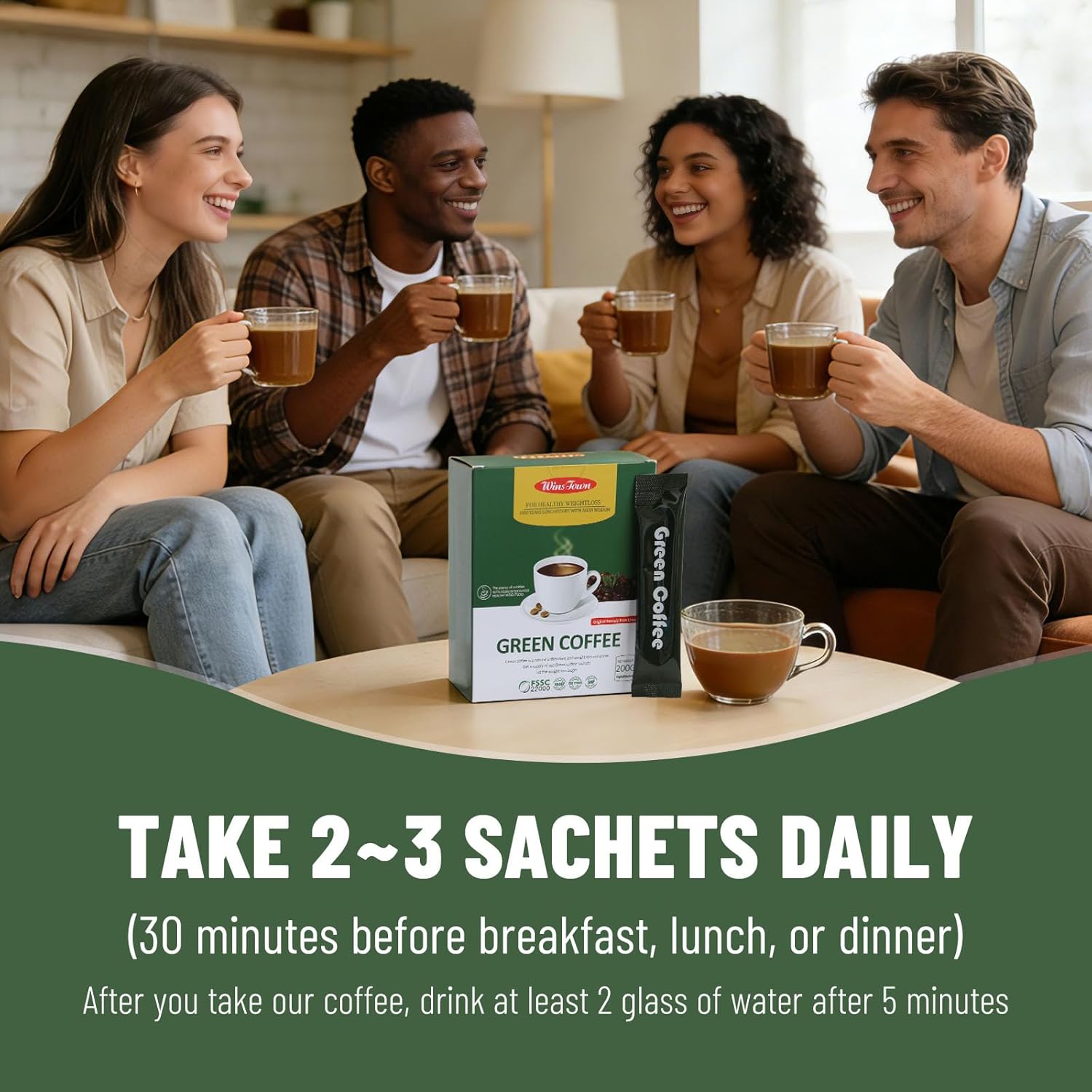 Wins Town Slimming Green Coffee, 200g Natural Diet Supplement for Healthy Weight loss, 20 Sachets