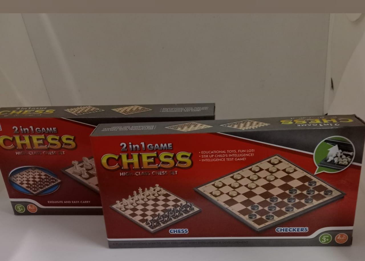 2-in-1 Chess and Checkers game set. 
This product combines two classic board games, Chess and Checkers (also known as Draughts), into a single set, typically featuring a reversible board or pieces for