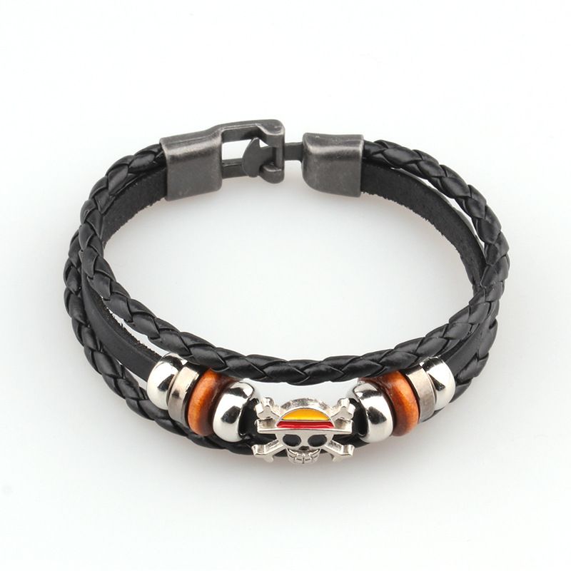 European and American popular One Piece men's leather bracelet, wooden bead skull PU leather bracelet, wristband