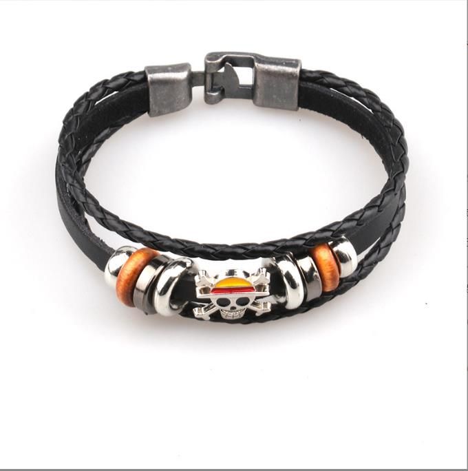 European and American popular One Piece men's leather bracelet, wooden bead skull PU leather bracelet, wristband