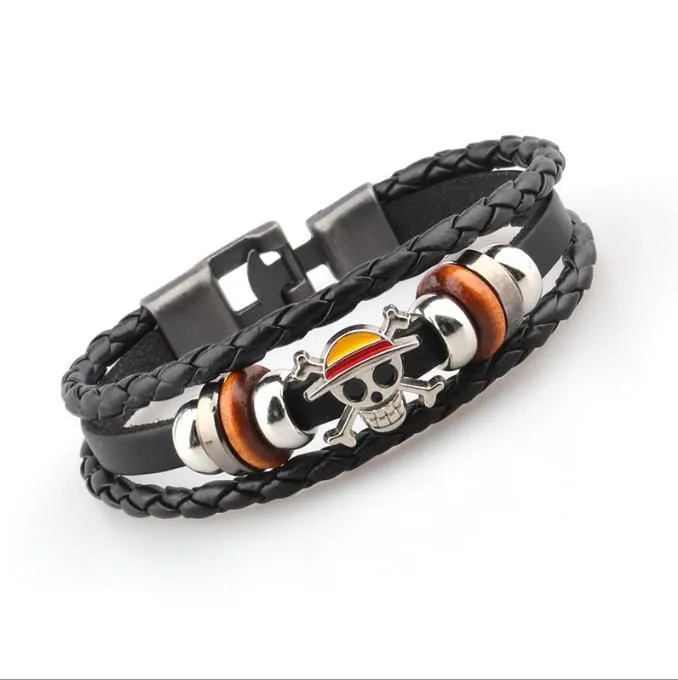 European and American popular One Piece men's leather bracelet, wooden bead skull PU leather bracelet, wristband