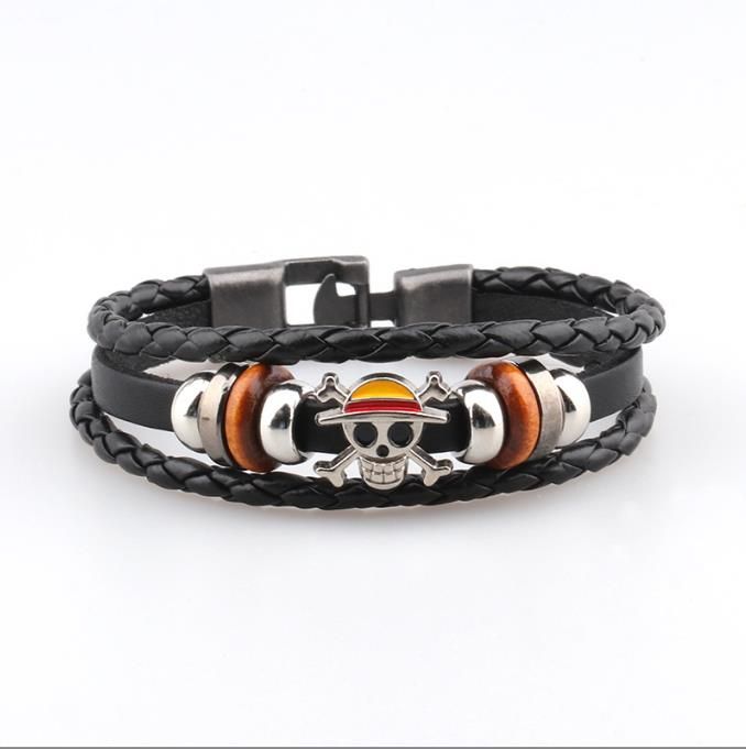 European and American popular One Piece men's leather bracelet, wooden bead skull PU leather bracelet, wristband