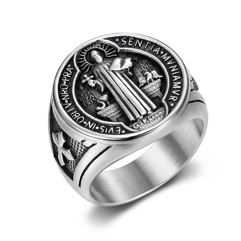 Men's jewelry European and American hip-hop titanium steel jewelry, Saint Benedict exorcist brand stainless steel gold-plated men's ring, will never fade