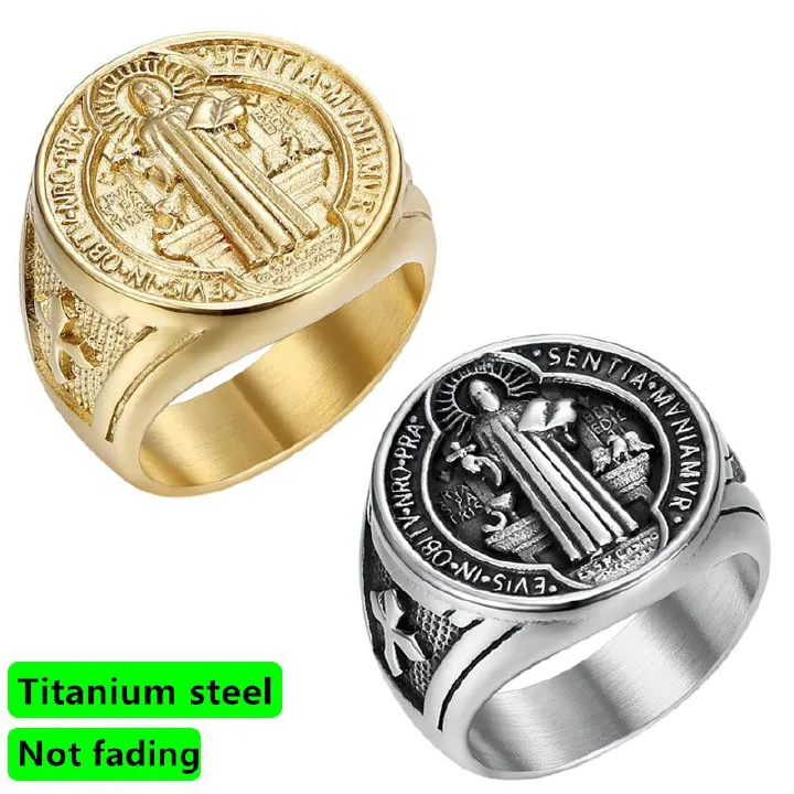 Men's jewelry European and American hip-hop titanium steel jewelry, Saint Benedict exorcist brand stainless steel gold-plated men's ring, will never fade