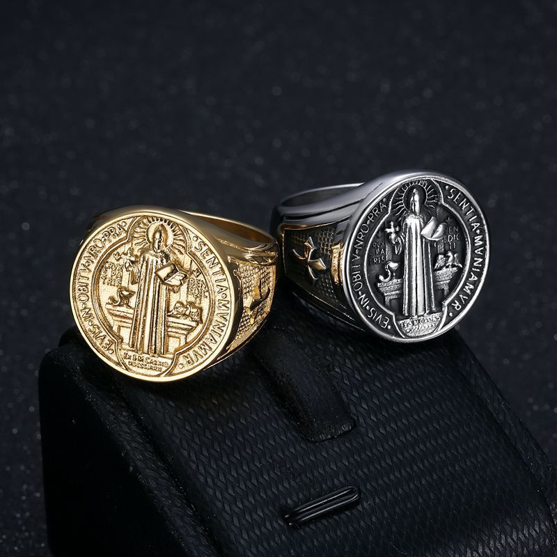 Men's jewelry European and American hip-hop titanium steel jewelry, Saint Benedict exorcist brand stainless steel gold-plated men's ring, will never fade