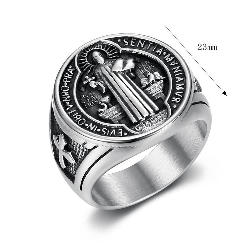 Men's jewelry European and American hip-hop titanium steel jewelry, Saint Benedict exorcist brand stainless steel gold-plated men's ring, will never fade