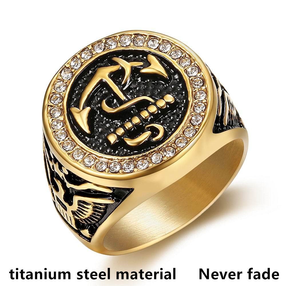 Men's jewelry rings with domineering personality, men's diamond studded boat anchor titanium steel rings, stainless steel rings that never fade