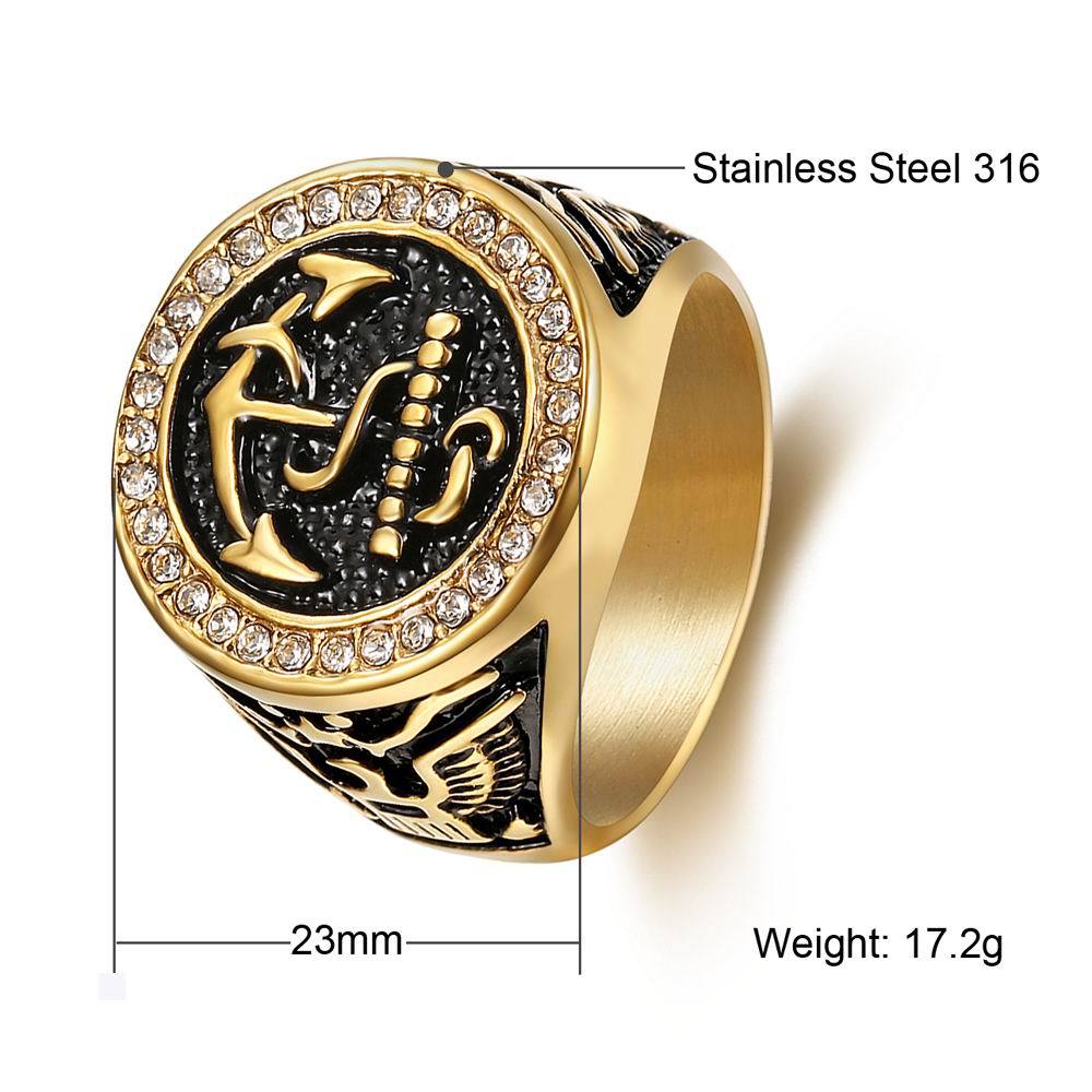 Men's jewelry rings with domineering personality, men's diamond studded boat anchor titanium steel rings, stainless steel rings that never fade