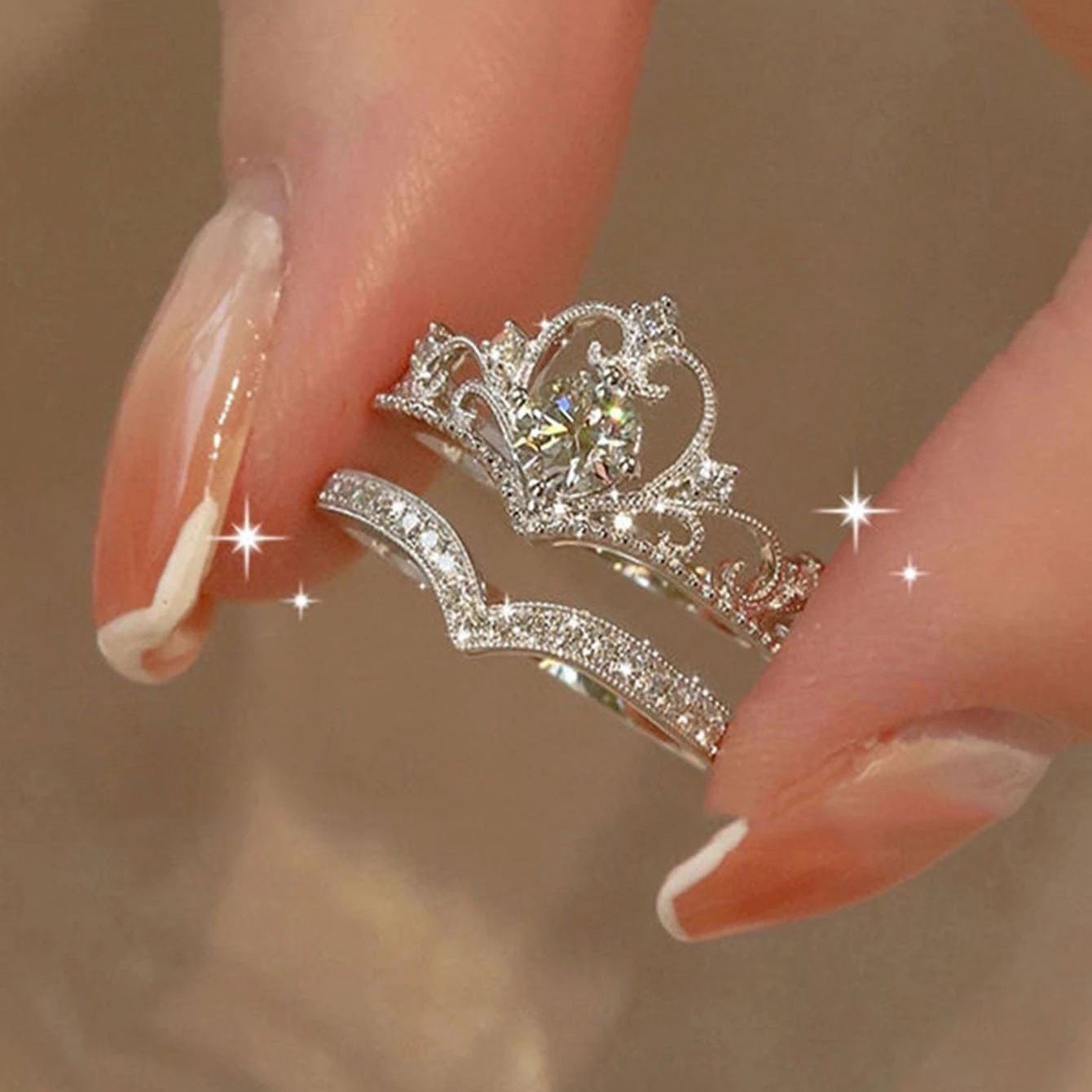 Ladies' jewelry Crown Princess Diamond Ring Wedding Pair Ring Open Ring Set 2-piece Ins Style Simple Finger Ring