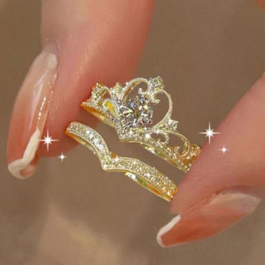 Ladies' jewelry Crown Princess Diamond Ring Wedding Pair Ring Open Ring Set 2-piece Ins Style Simple Finger Ring