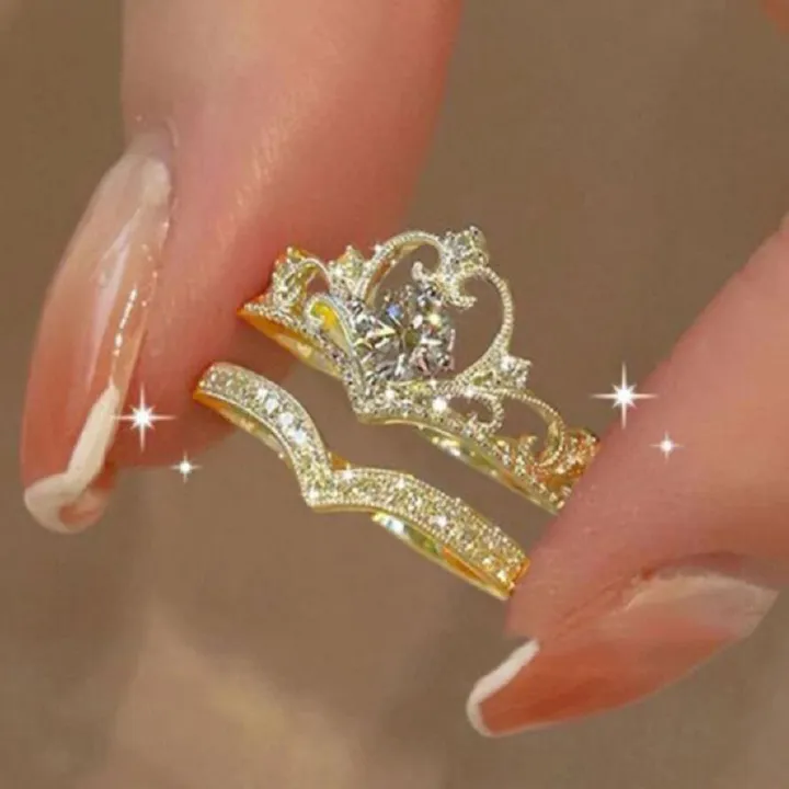 Ladies' jewelry Crown Princess Diamond Ring Wedding Pair Ring Open Ring Set 2-piece Ins Style Simple Finger Ring