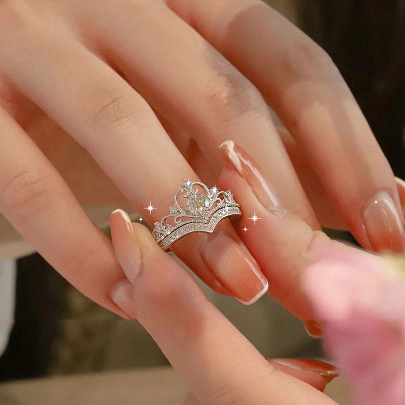 Ladies' jewelry Crown Princess Diamond Ring Wedding Pair Ring Open Ring Set 2-piece Ins Style Simple Finger Ring