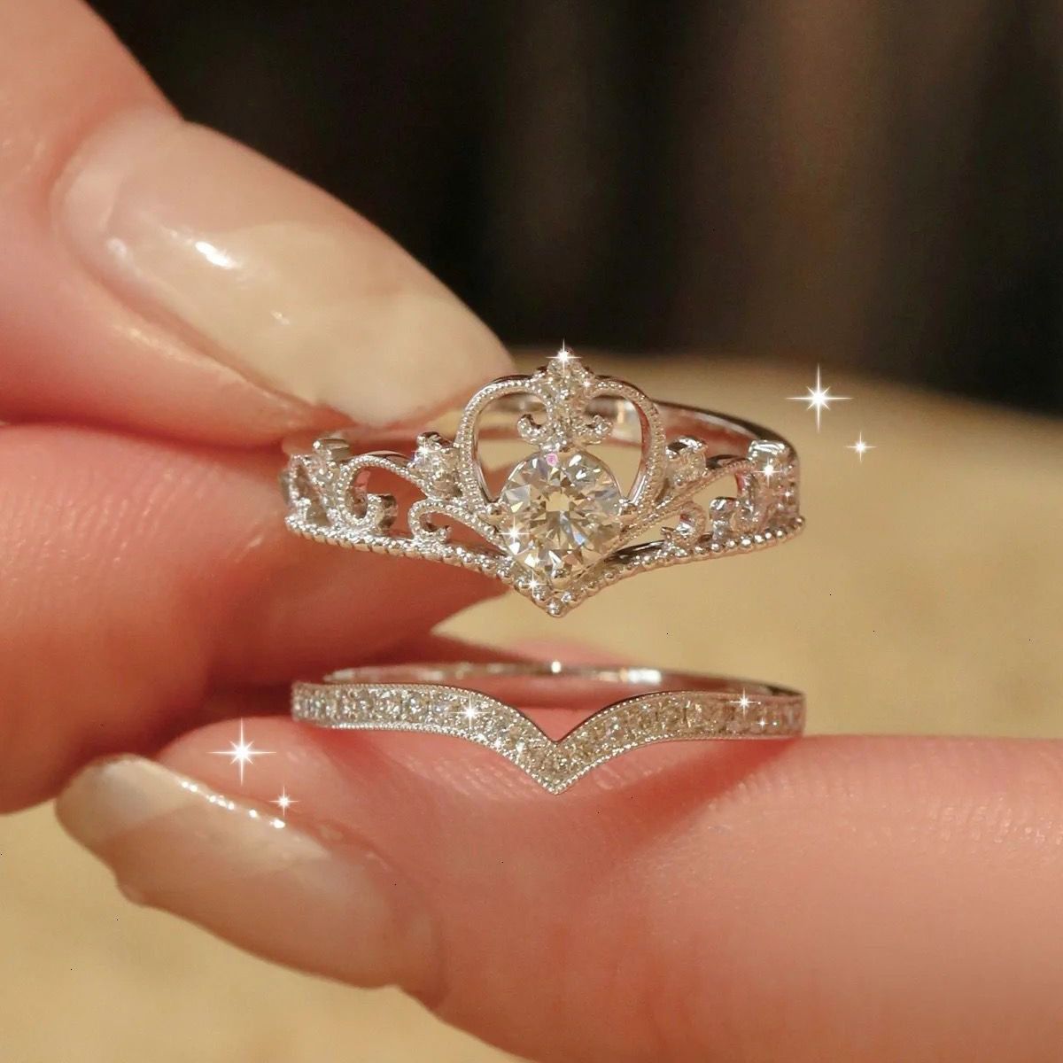 Ladies' jewelry Crown Princess Diamond Ring Wedding Pair Ring Open Ring Set 2-piece Ins Style Simple Finger Ring