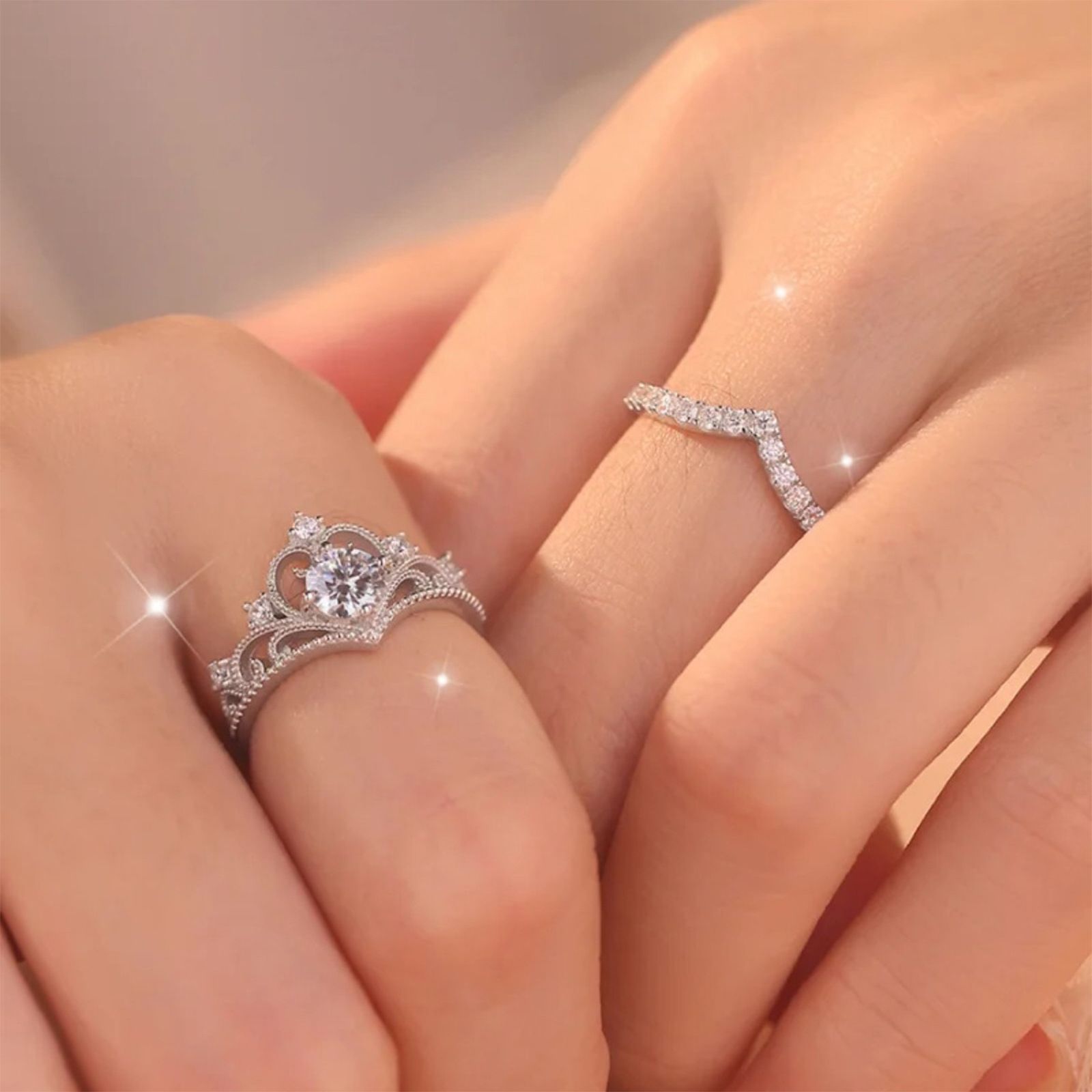 Ladies' jewelry Crown Princess Diamond Ring Wedding Pair Ring Open Ring Set 2-piece Ins Style Simple Finger Ring