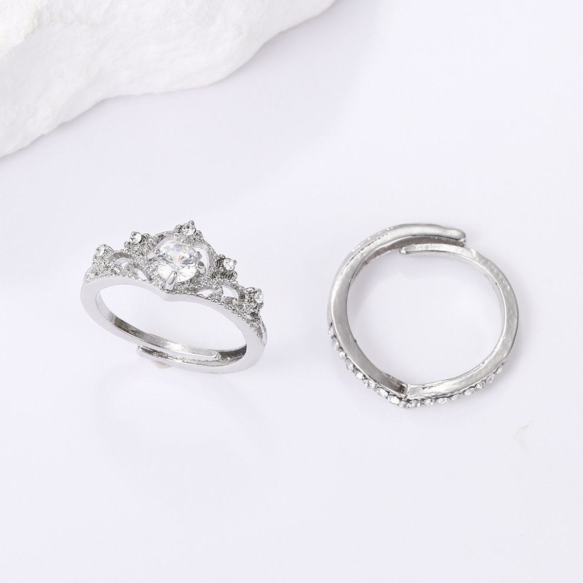 Ladies' jewelry Crown Princess Diamond Ring Wedding Pair Ring Open Ring Set 2-piece Ins Style Simple Finger Ring