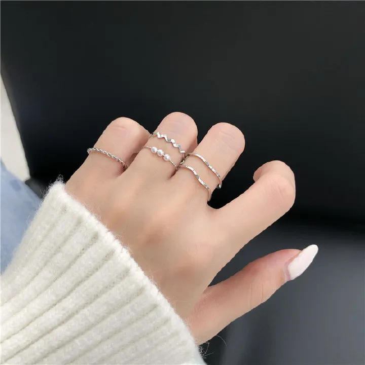 Ladies' jewelry Minimalist Ins Pearl Wave Combination Women's Ring Five Piece Set Personalized Ring Internet Red Tail Ring