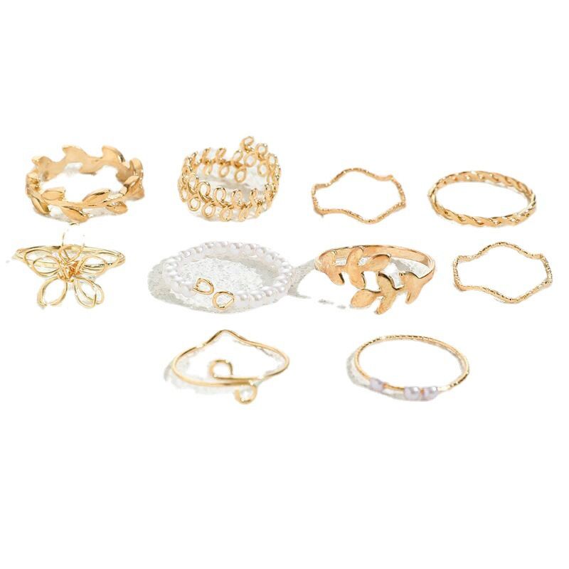 Ladies' jewelry  Bohemian Retro Ring Jewelry Hollow Flower Set Pearl Ring 10 Piece Set