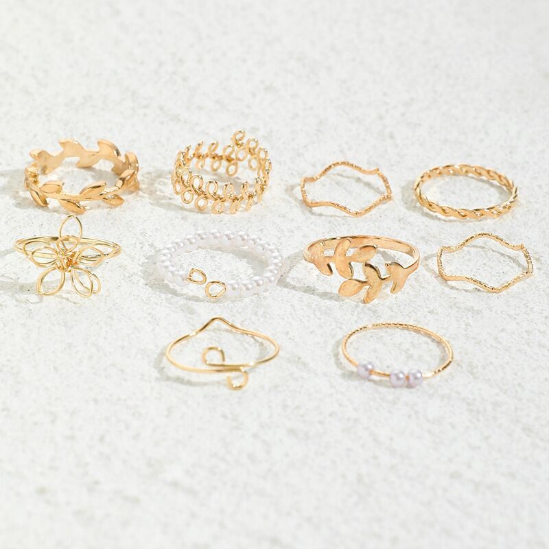 Ladies' jewelry  Bohemian Retro Ring Jewelry Hollow Flower Set Pearl Ring 10 Piece Set