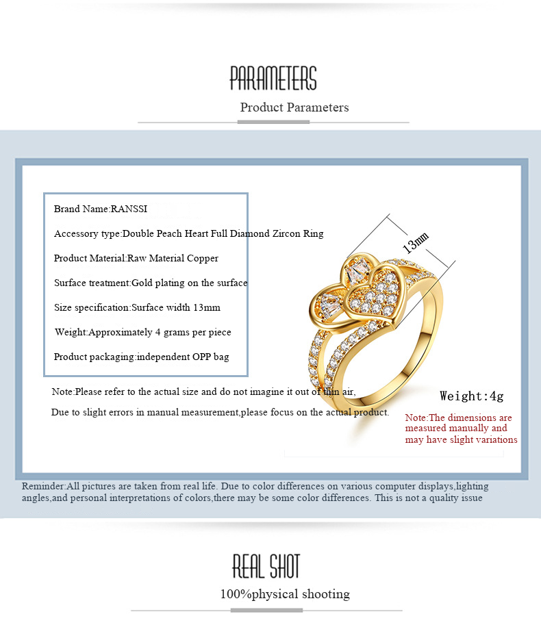 Creative hot selling new personalized twin peach heart-shaped full diamond zircon ring for women Ladies' jewelry