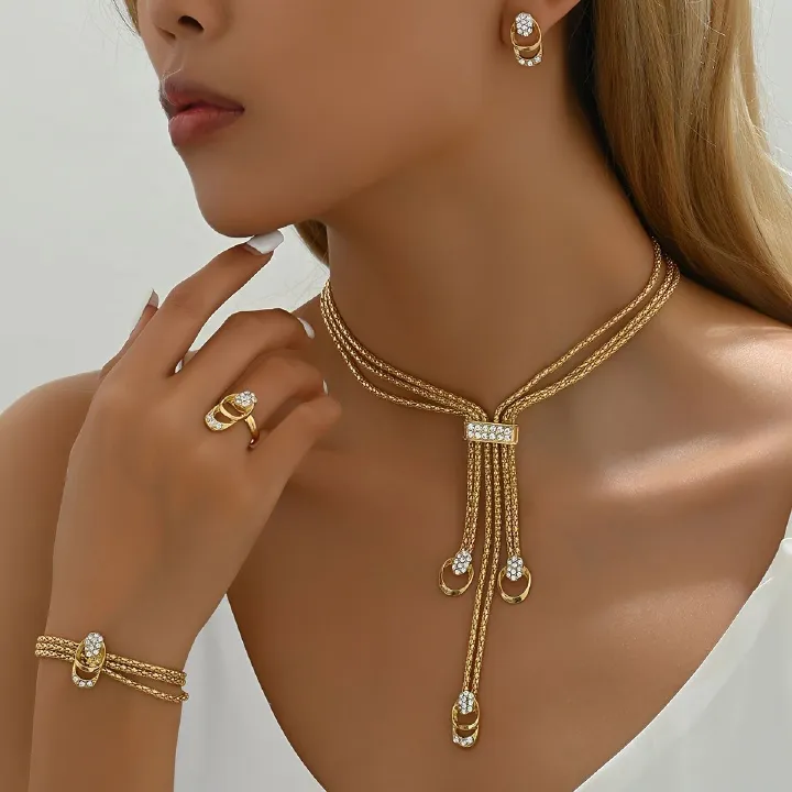 Fashionable and minimalist diamond studded gold necklace, collarbone chain earrings, ring versatile set Ladies' jewelry