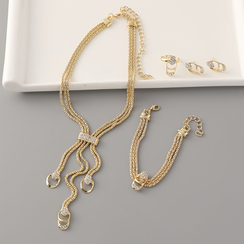 Fashionable and minimalist diamond studded gold necklace, collarbone chain earrings, ring versatile set Ladies' jewelry