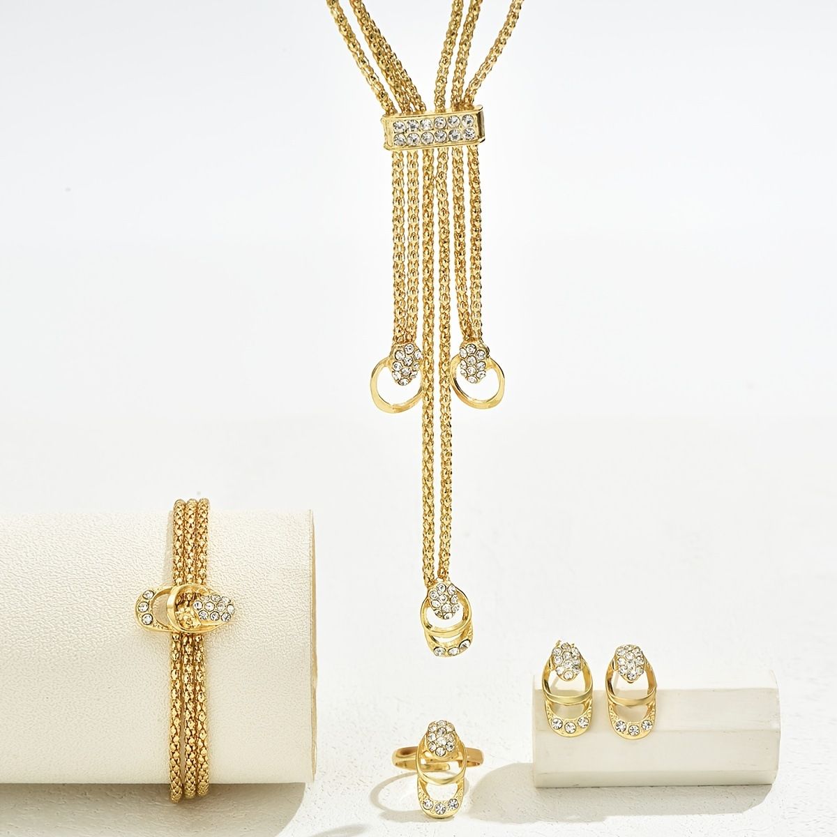 Fashionable and minimalist diamond studded gold necklace, collarbone chain earrings, ring versatile set Ladies' jewelry