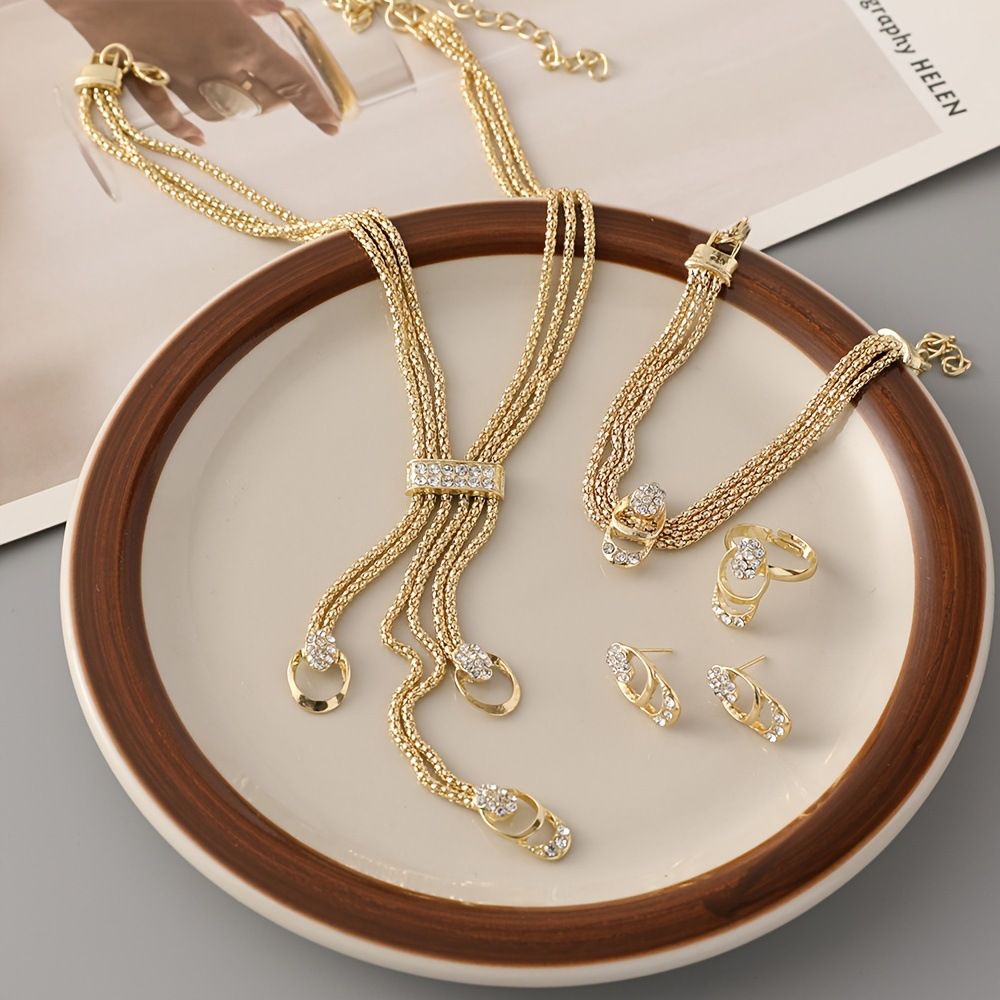 Fashionable and minimalist diamond studded gold necklace, collarbone chain earrings, ring versatile set Ladies' jewelry