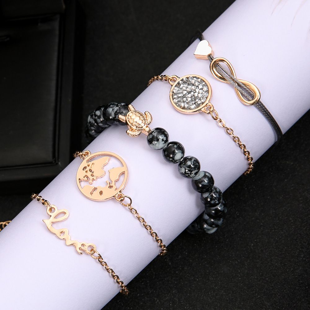 Love 8-letter English Love map turtle grey bead studded diamond turquoise women's bracelet five piece set