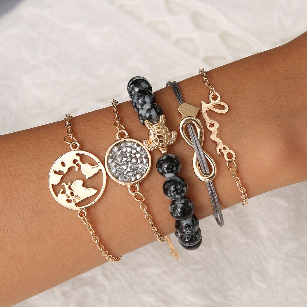 Love 8-letter English Love map turtle grey bead studded diamond turquoise women's bracelet five piece set