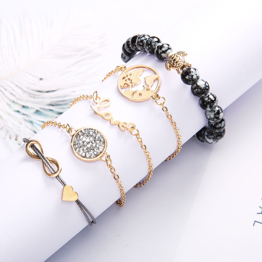 Love 8-letter English Love map turtle grey bead studded diamond turquoise women's bracelet five piece set