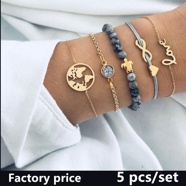 Love 8-letter English Love map turtle grey bead studded diamond turquoise women's bracelet five piece set