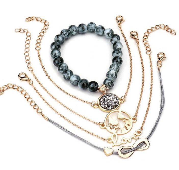 Love 8-letter English Love map turtle grey bead studded diamond turquoise women's bracelet five piece set