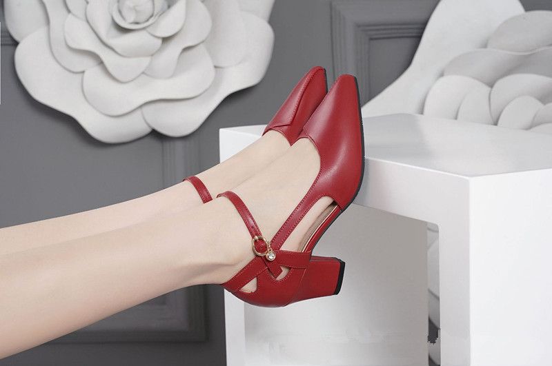 New Spring and Autumn/Summer Versatile Strap Hollow High Heels Single Shoes for Women, Coarse Heels, Casual Pointed Heels, Medium Heels, Large Sized Fashion Sandals for Women