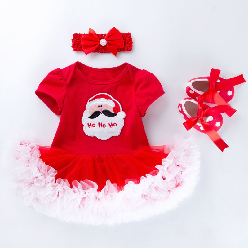 0-2 year old baby dress Christmas gift short sleeved cartoon mesh dress headband 3-piece set