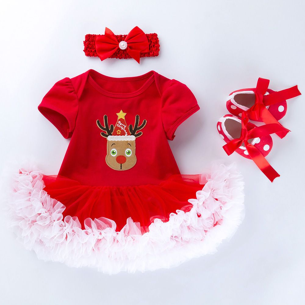 0-2 year old baby dress Christmas gift short sleeved cartoon mesh dress headband 3-piece set