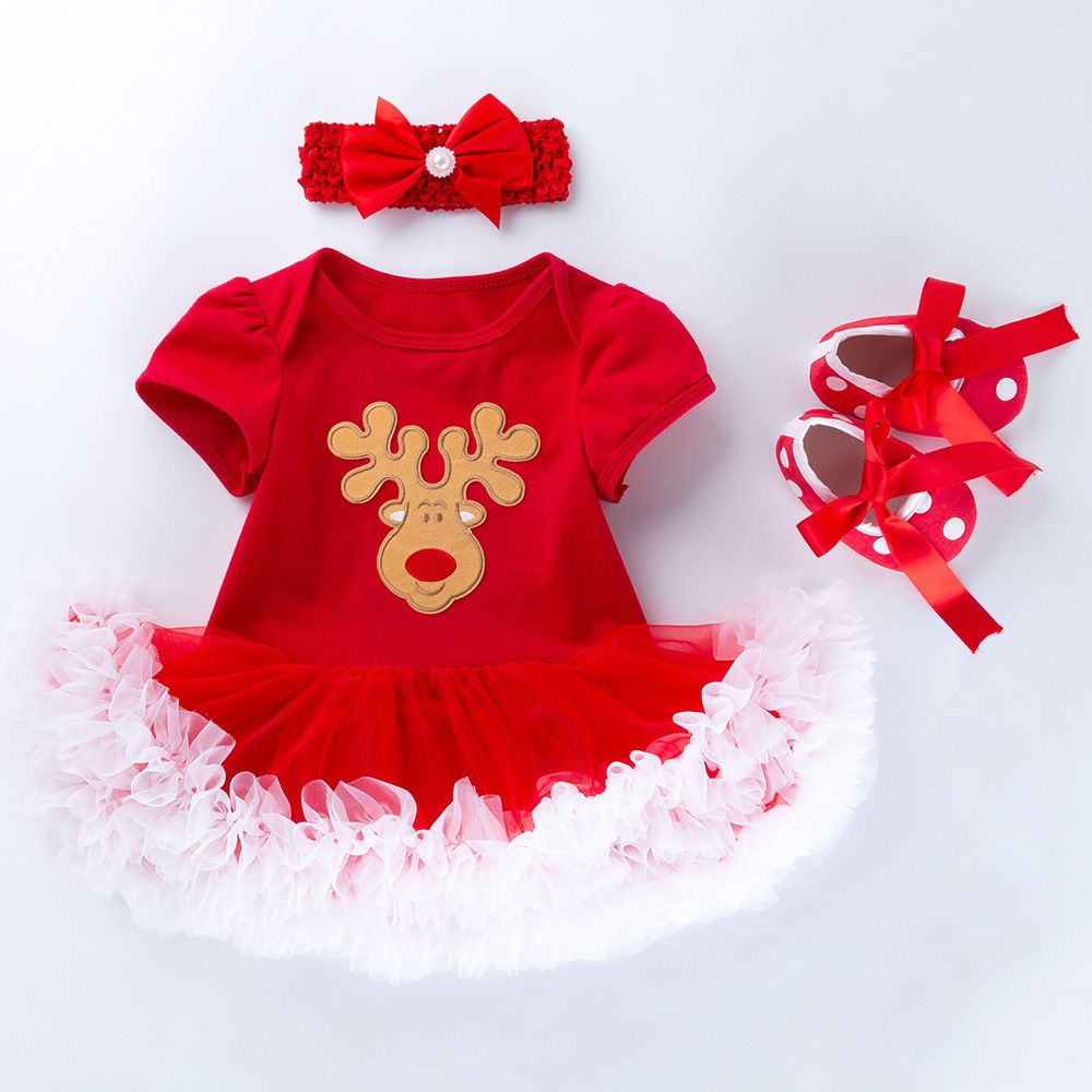 0-2 year old baby dress Christmas gift short sleeved cartoon mesh dress headband 3-piece set