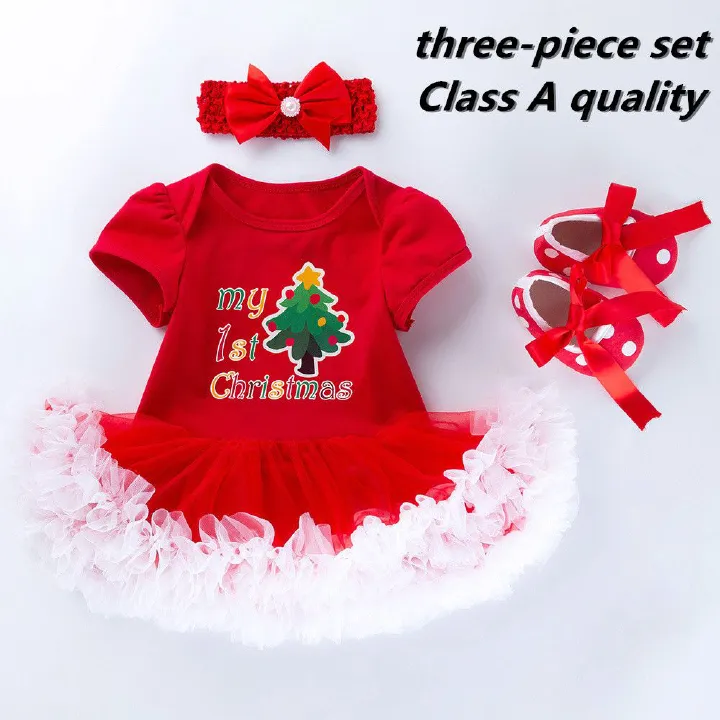 0-2 year old baby dress Christmas gift short sleeved cartoon mesh dress headband 3-piece set