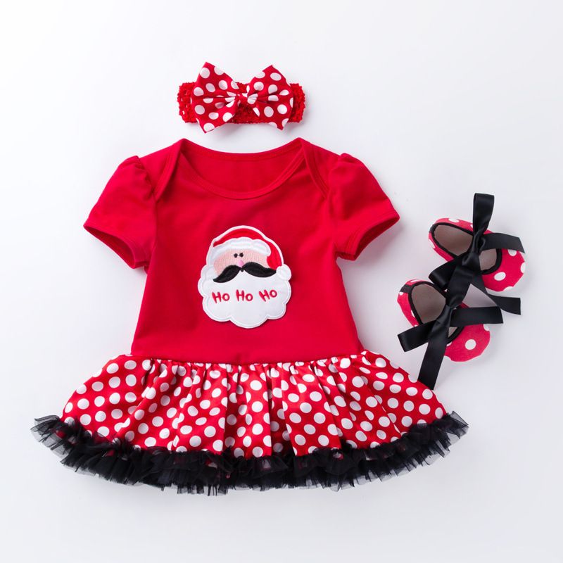 0-2 year old baby dress Christmas gift short sleeved cartoon mesh dress headband 3-piece set