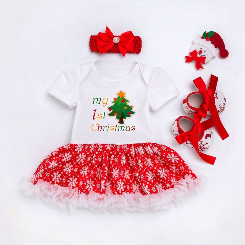 0-2 year old baby dress Christmas gift short sleeved cartoon mesh dress headband 3-piece set
