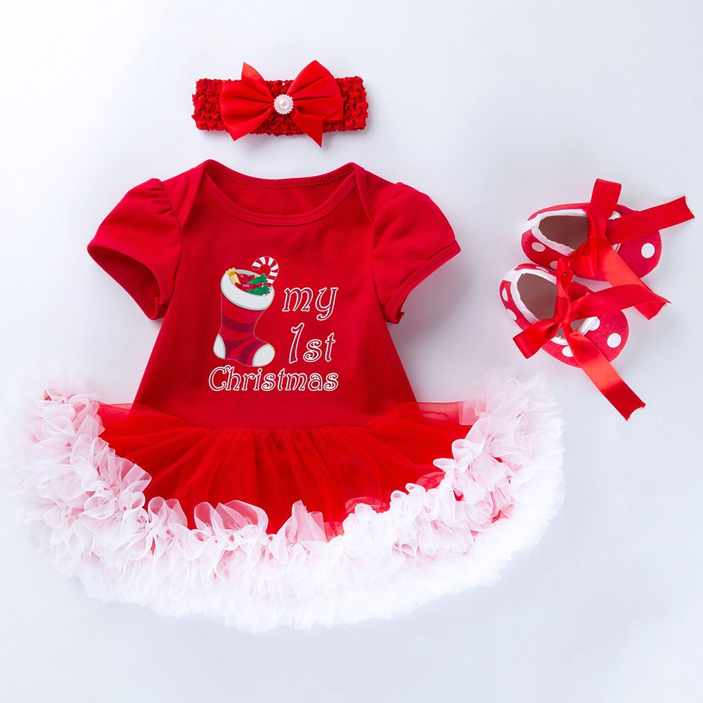 0-2 year old baby dress Christmas gift short sleeved cartoon mesh dress headband 3-piece set