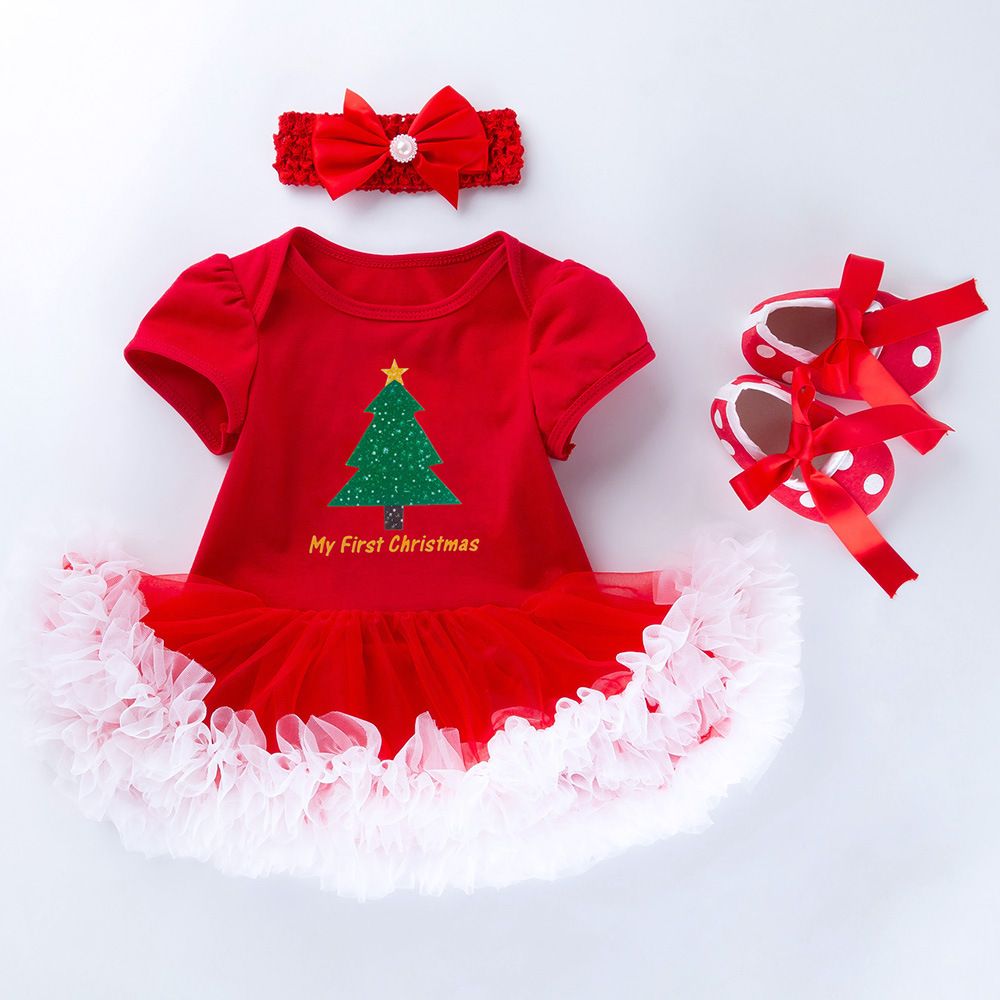 0-2 year old baby dress Christmas gift short sleeved cartoon mesh dress headband 3-piece set