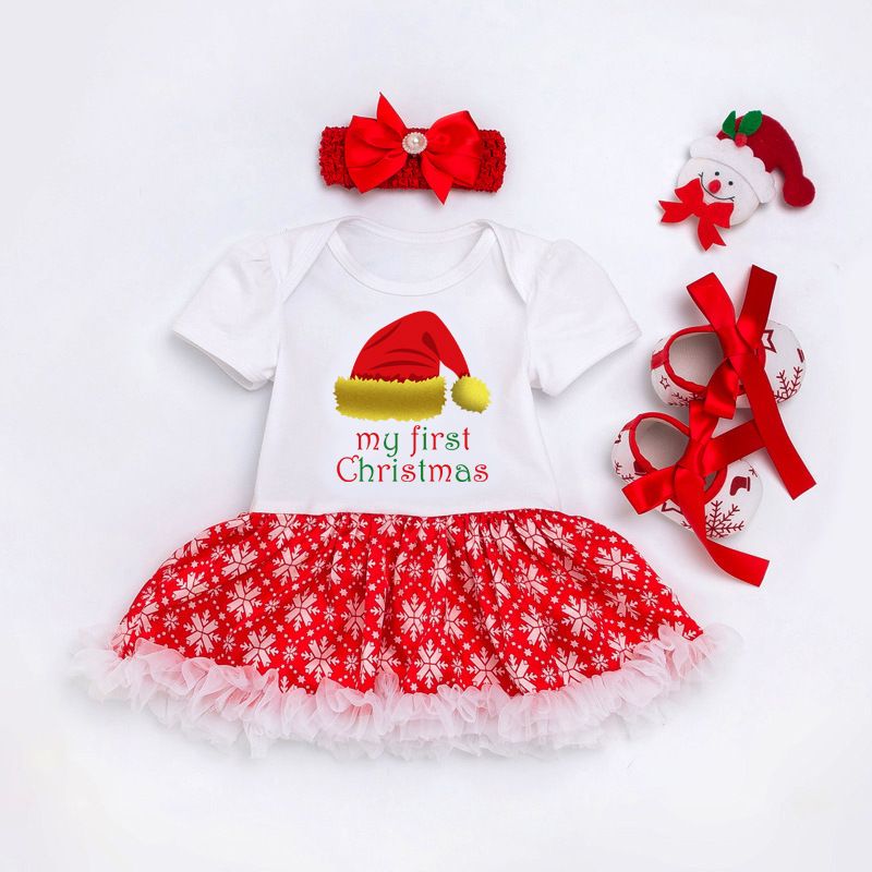 0-2 year old baby dress Christmas gift short sleeved cartoon mesh dress headband 3-piece set
