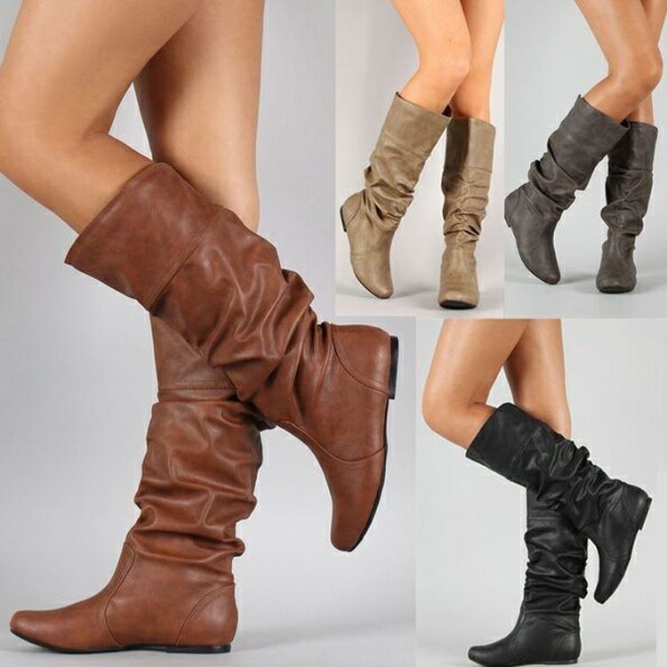 Hot selling and popular flat bottomed long boots for women in autumn and winter, with an increased height inside, PU leather face and round head cover for slim and fashionable women's boots