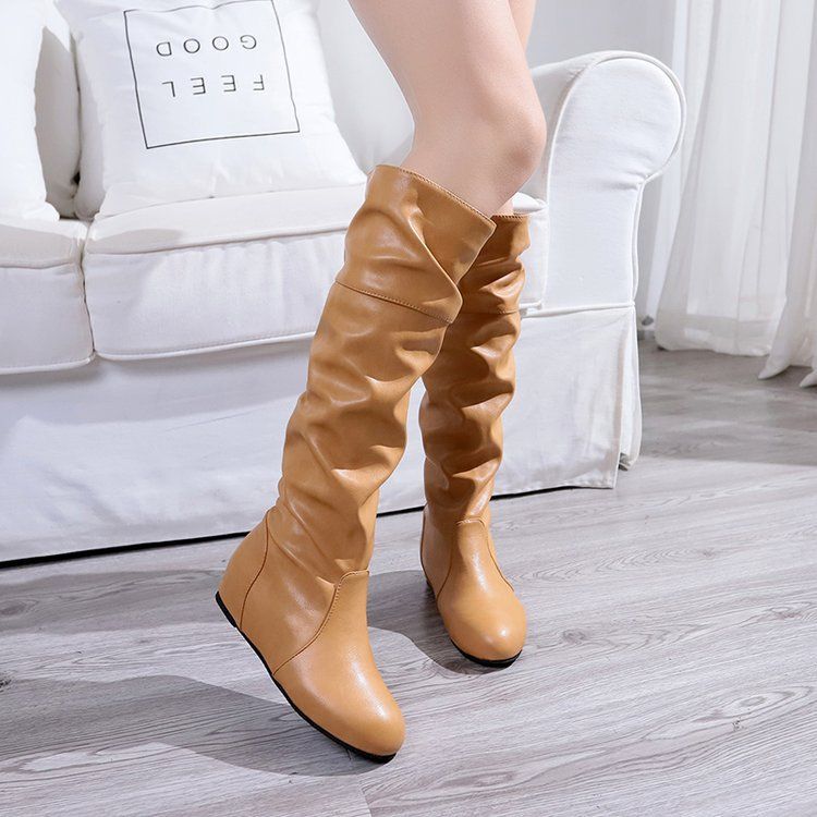 Hot selling and popular flat bottomed long boots for women in autumn and winter, with an increased height inside, PU leather face and round head cover for slim and fashionable women's boots